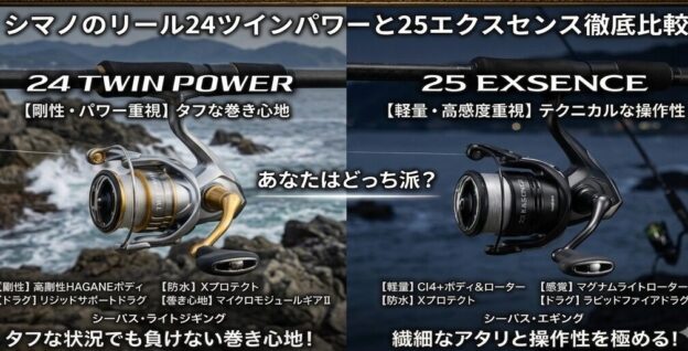 シマノのリール24ツインパワーと25エクスセンス徹底比較【価格と性能】